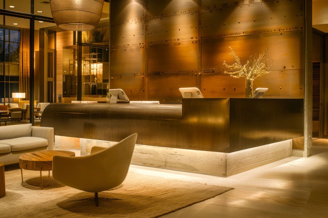 Warmly lit boutique hotel lobby and reception desk