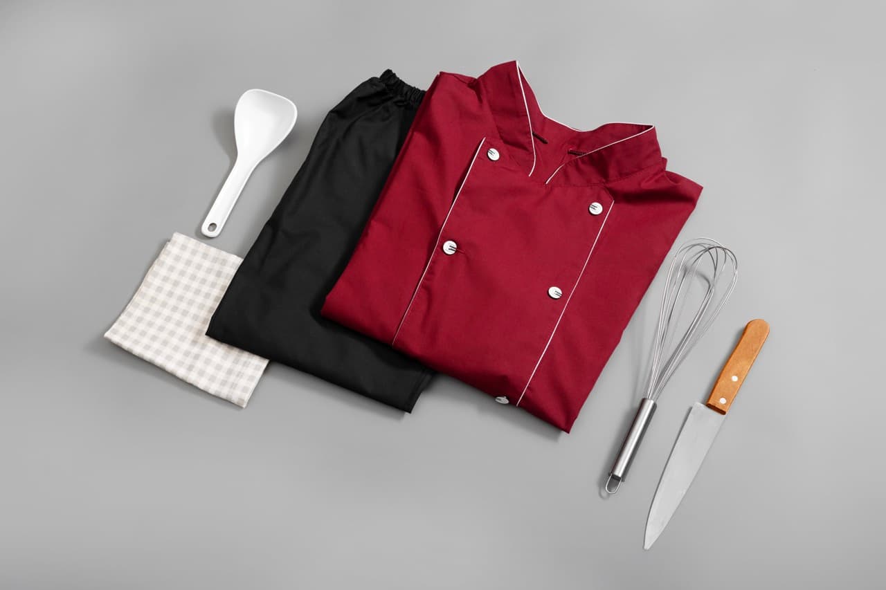 Folded chef jacket and trousers beside kitchen utensils