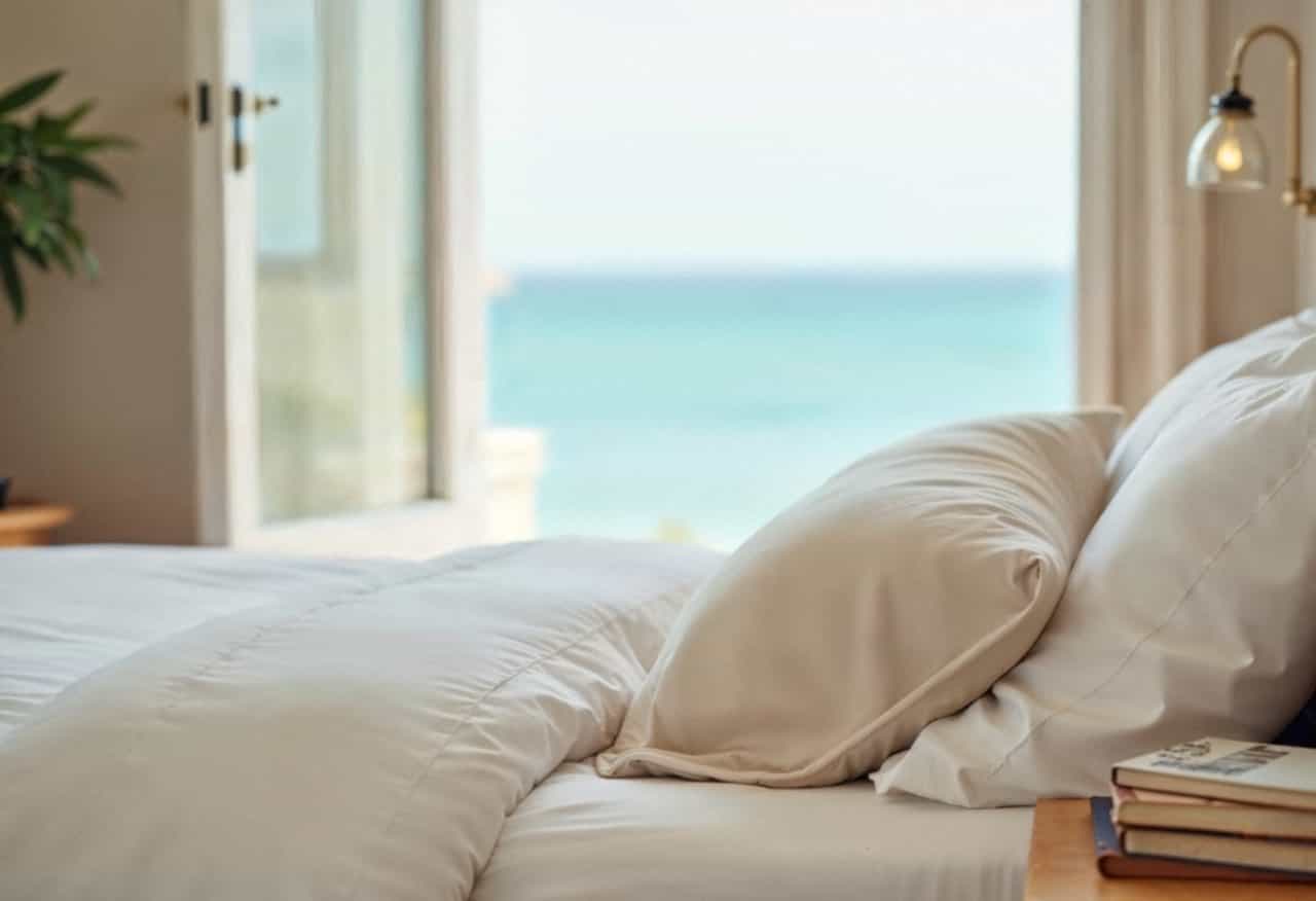 Made bed with white pillows beside a window over the sea