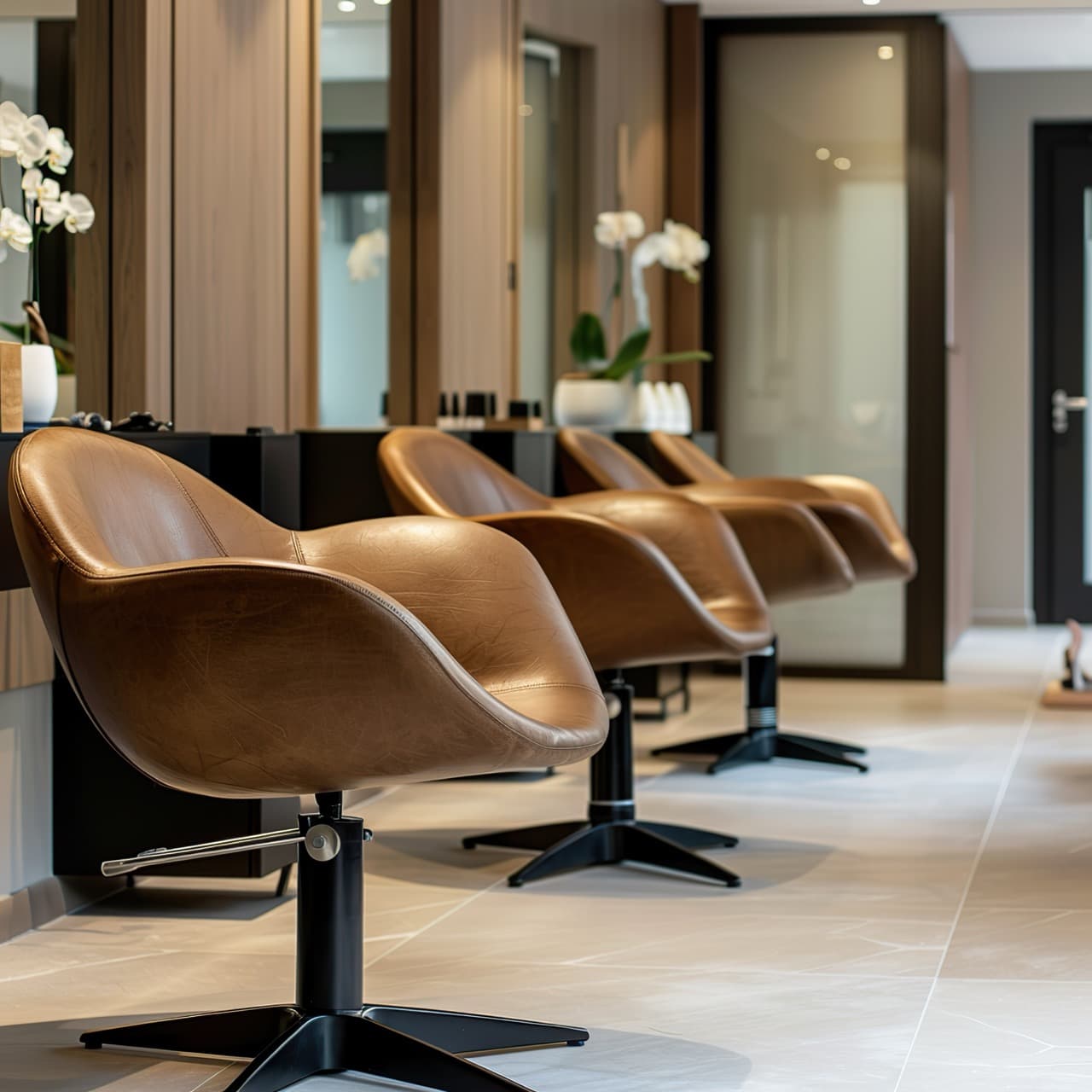 Row of leather styling chairs in a hair salon